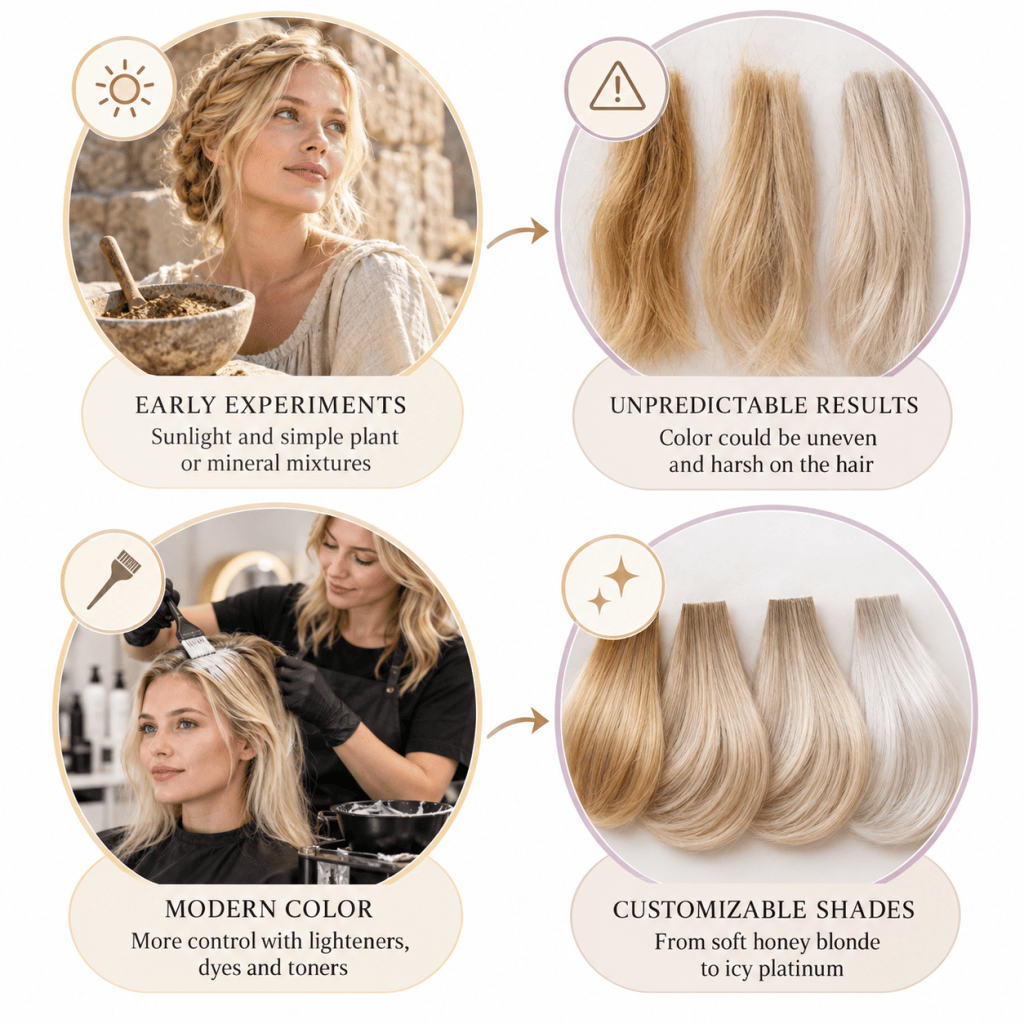 Brief history of blonde hair infographic showing early lightening methods, unpredictable results, modern coloring, and customizable blonde shades