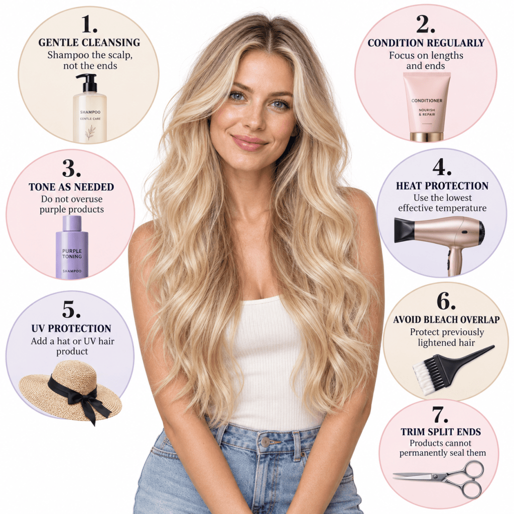 Bleached blonde hair care infographic with seven tips for cleansing, conditioning, toning, heat and UV protection, safe lightening, and trimming