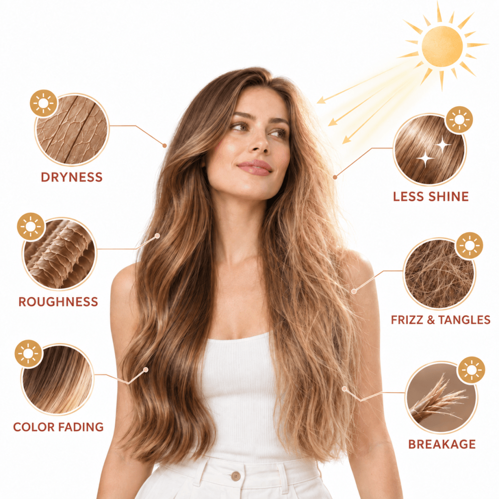 SPF for Hair infographic showing how sun exposure can cause dryness, roughness, color fading, loss of shine, frizz, tangles, and breakage.