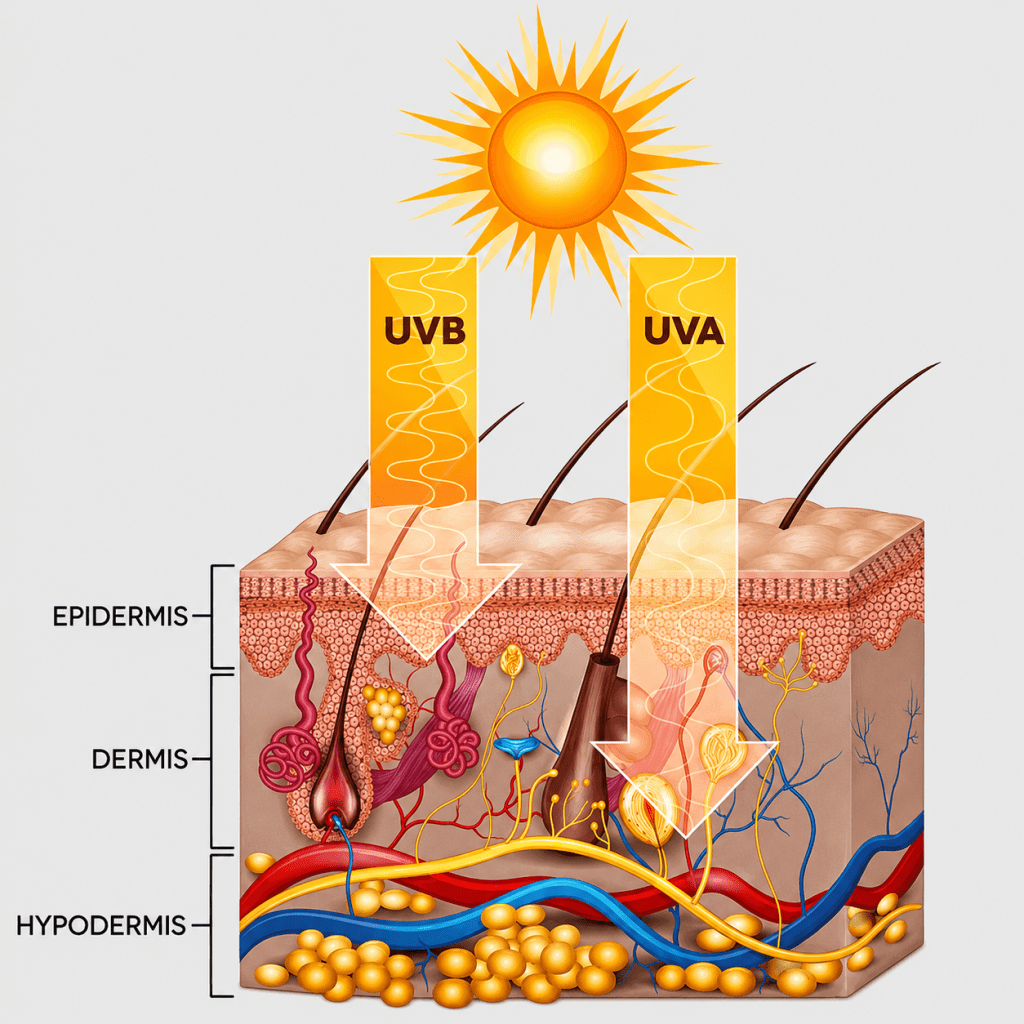 Схема проникнення UVA та UVB-променів у шари шкіри