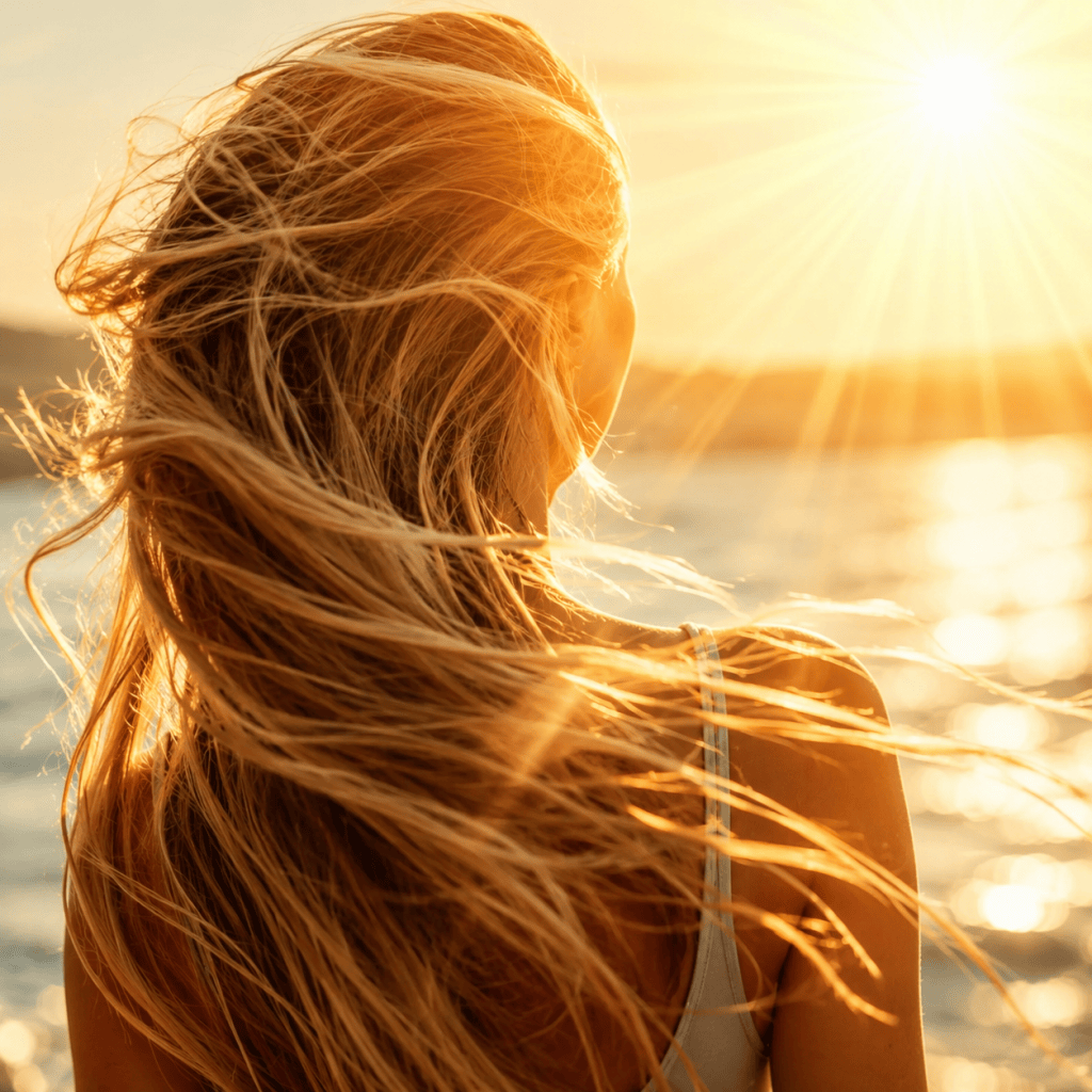 Color-treated hair protected from sun-related dryness, breakage, and fading.