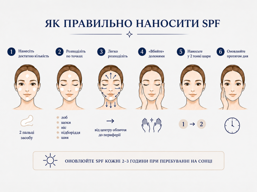 Як правильно наносити сонцезахист SPF на обличчя — покрокова інфографіка