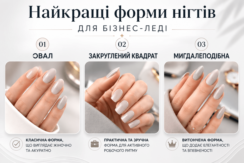 Найкращі форми нігтів для бізнес-леді: овал, закруглений квадрат і мигдалеподібна форма з нюдовим діловим покриттям.