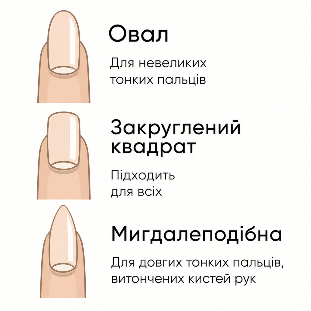 Форми нігтів овал, закруглений квадрат і мигдалеподібна форма з описом для різних типів пальців. 