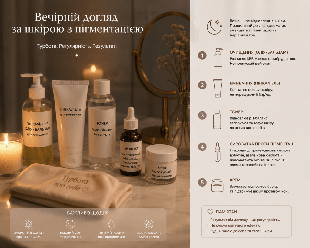 Вечірній догляд за шкірою з пігментацією: очищення, тонер, освітлювальна сироватка та зволожувальний крем.
