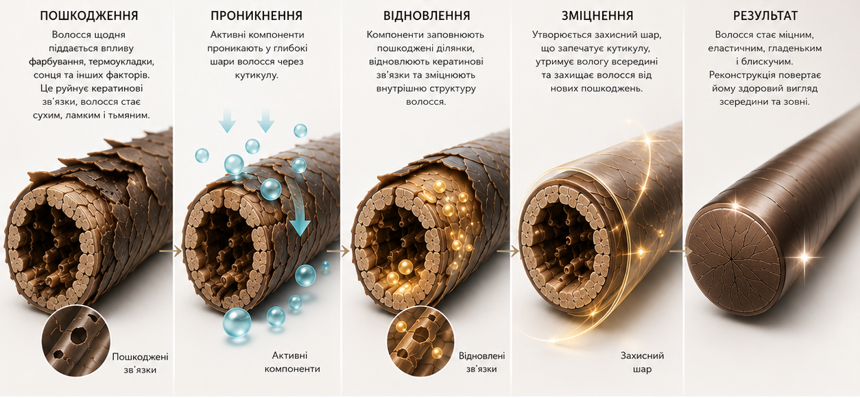 Як працює реконструкція волосся: етапи відновлення пошкодженої структури, зміцнення та результат до і після