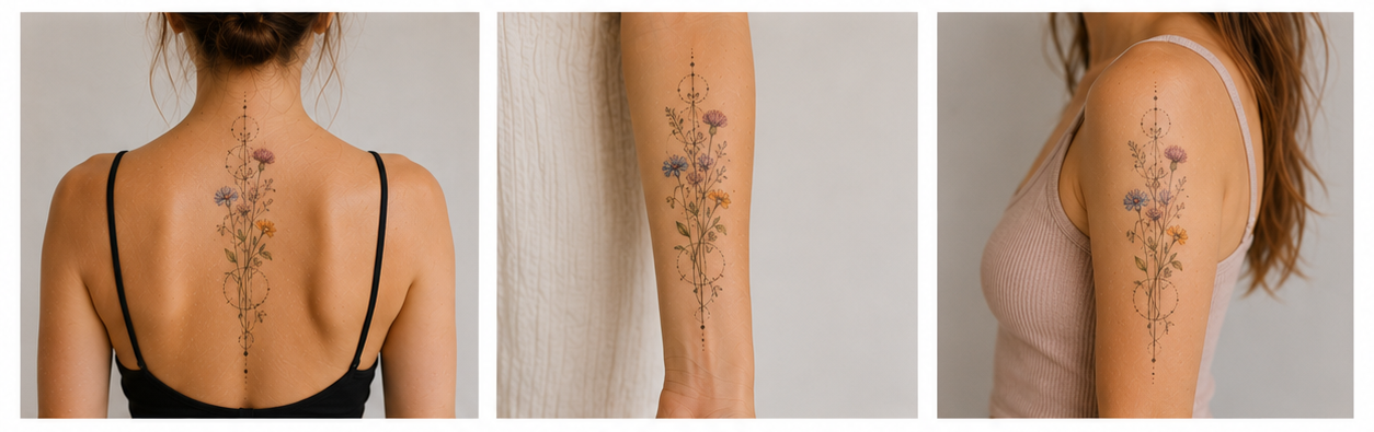 Collage of three geometric tattoos for women featuring wildflowers, delicate branches, and geometric circles on the shoulder, along the spine, and on the forearm.