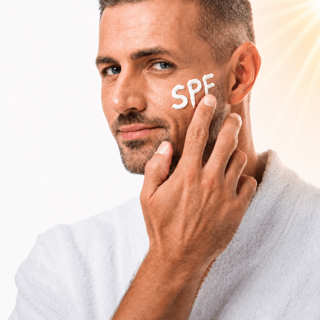 Чоловік наносить SPF на обличчя, а сонячні промені підкреслюють важливість захисту шкіри від сонця.