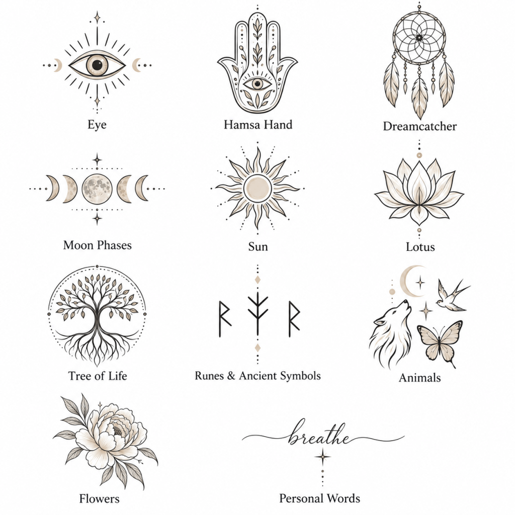 Protection tattoos for women featuring an eye, Hamsa hand, dreamcatcher, moon phases, sun, lotus, tree of life, runes, animals, flowers, and personal words.