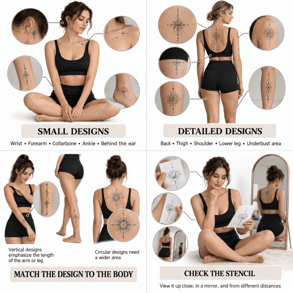 Infographic showing geometric tattoo placement ideas for women, including the wrist, forearm, collarbone, ankle, back, shoulder, thigh, and lower leg.