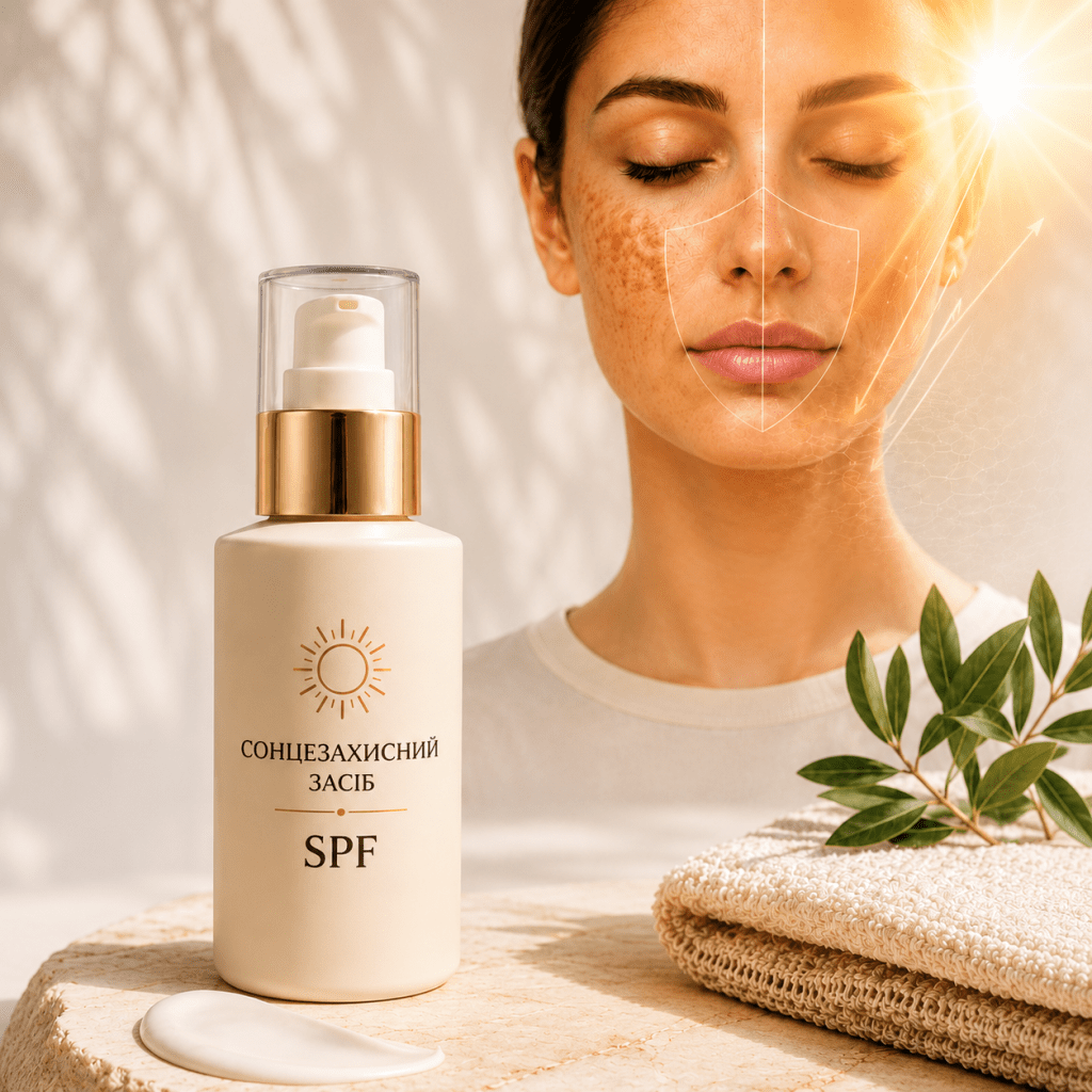 Сонцезахисний засіб SPF поруч із жінкою з пігментацією шкіри та символом захисту від сонячних променів.