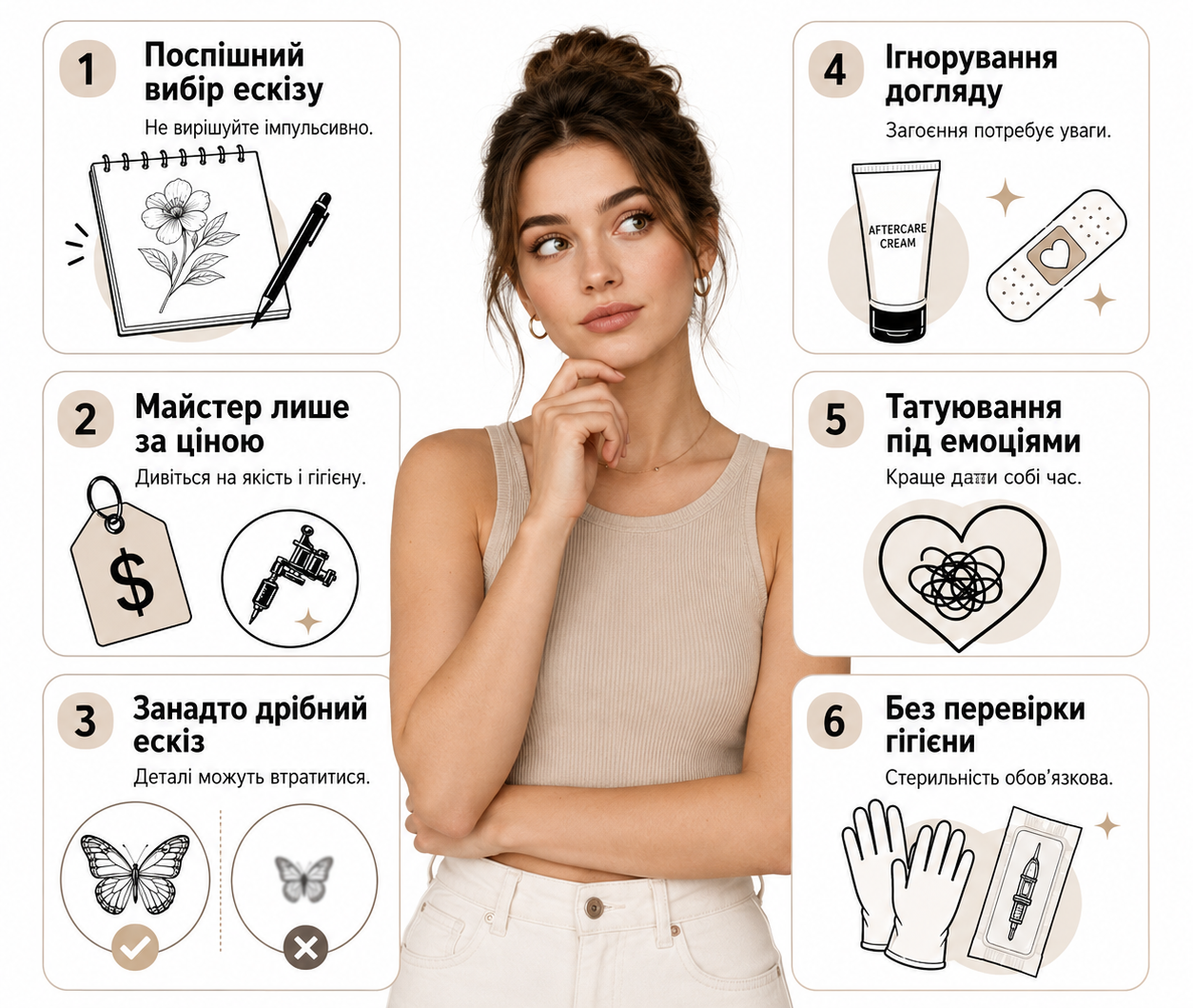 Найпоширеніші помилки перед першим татуюванням: поспішний вибір ескізу, економія на майстрі, надто дрібний малюнок, нехтування доглядом і гігієною.