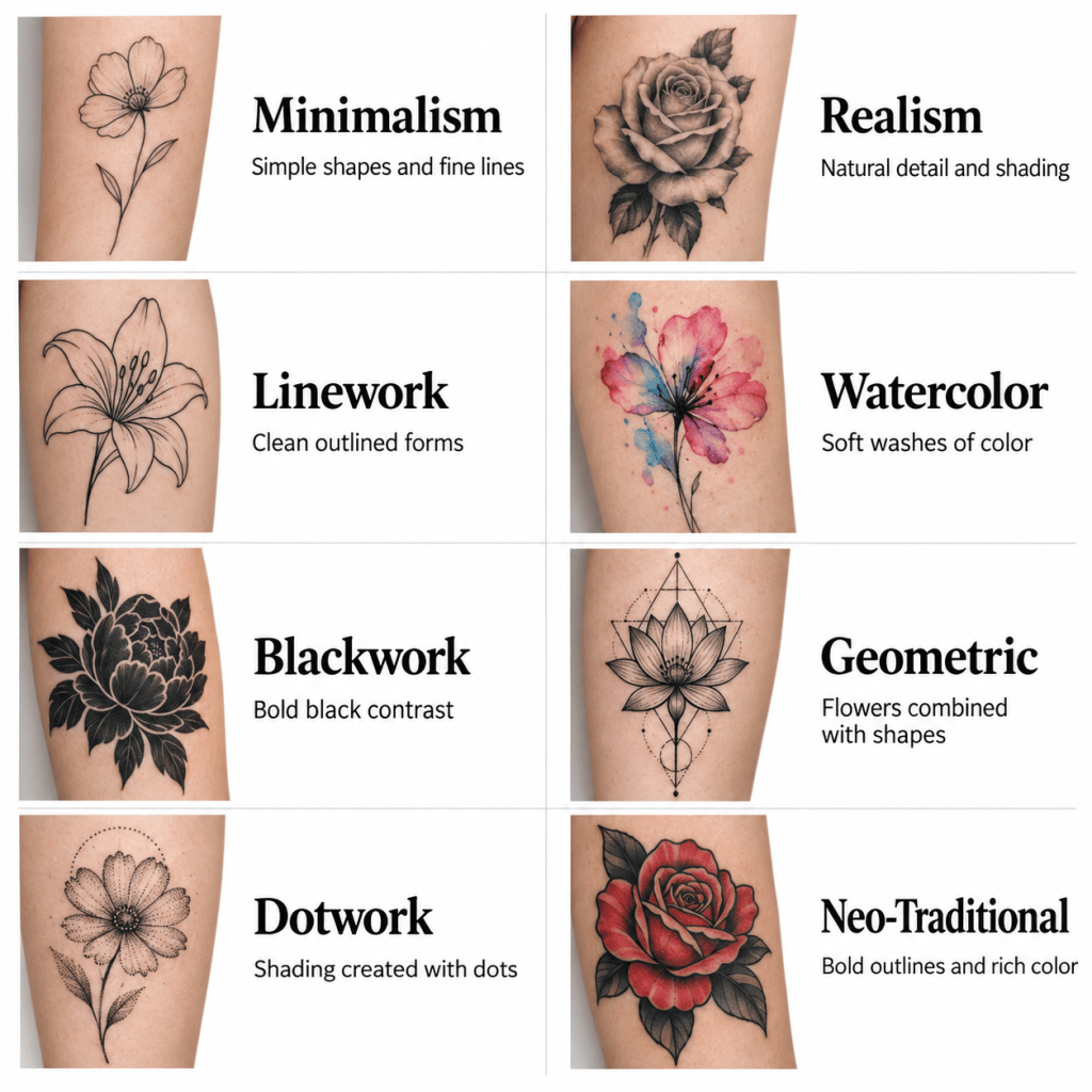 Infographic comparing eight flower tattoo styles: minimalism, realism, linework, watercolor, blackwork, geometric, dotwork, and neo-traditional.