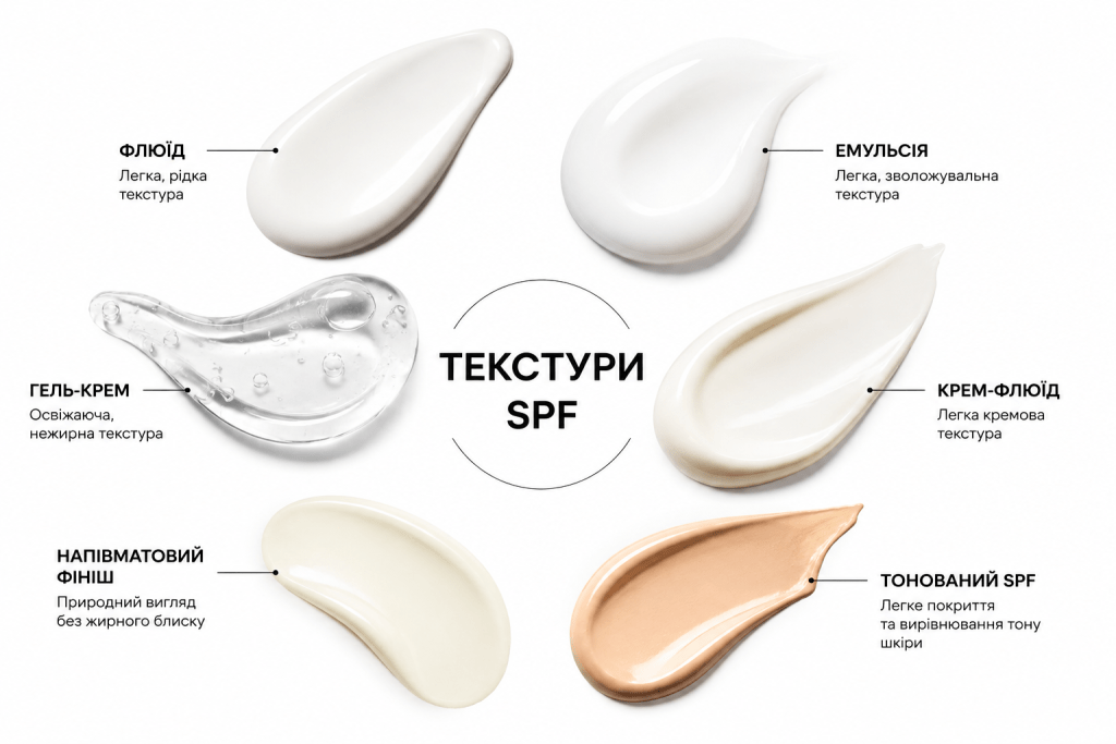 Текстури SPF для шкіри обличчя: флюїд, емульсія, гель-крем, крем-флюїд, напівматовий фініш і тонований SPF.