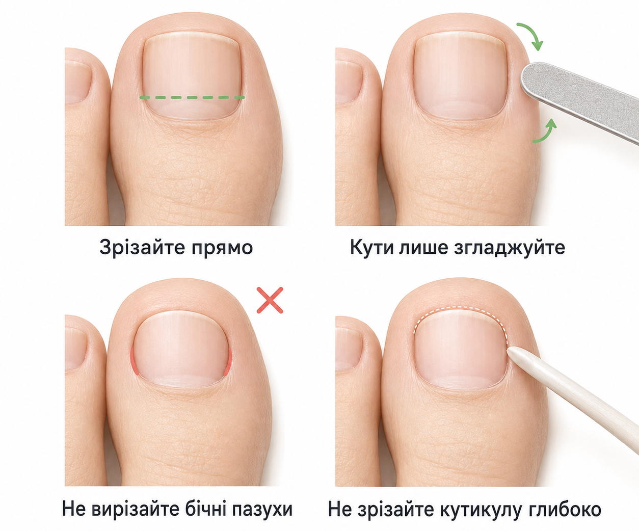 Як правильно обробляти нігті на ногах: прямий зріз, згладжування кутів і делікатний догляд за кутикулою.