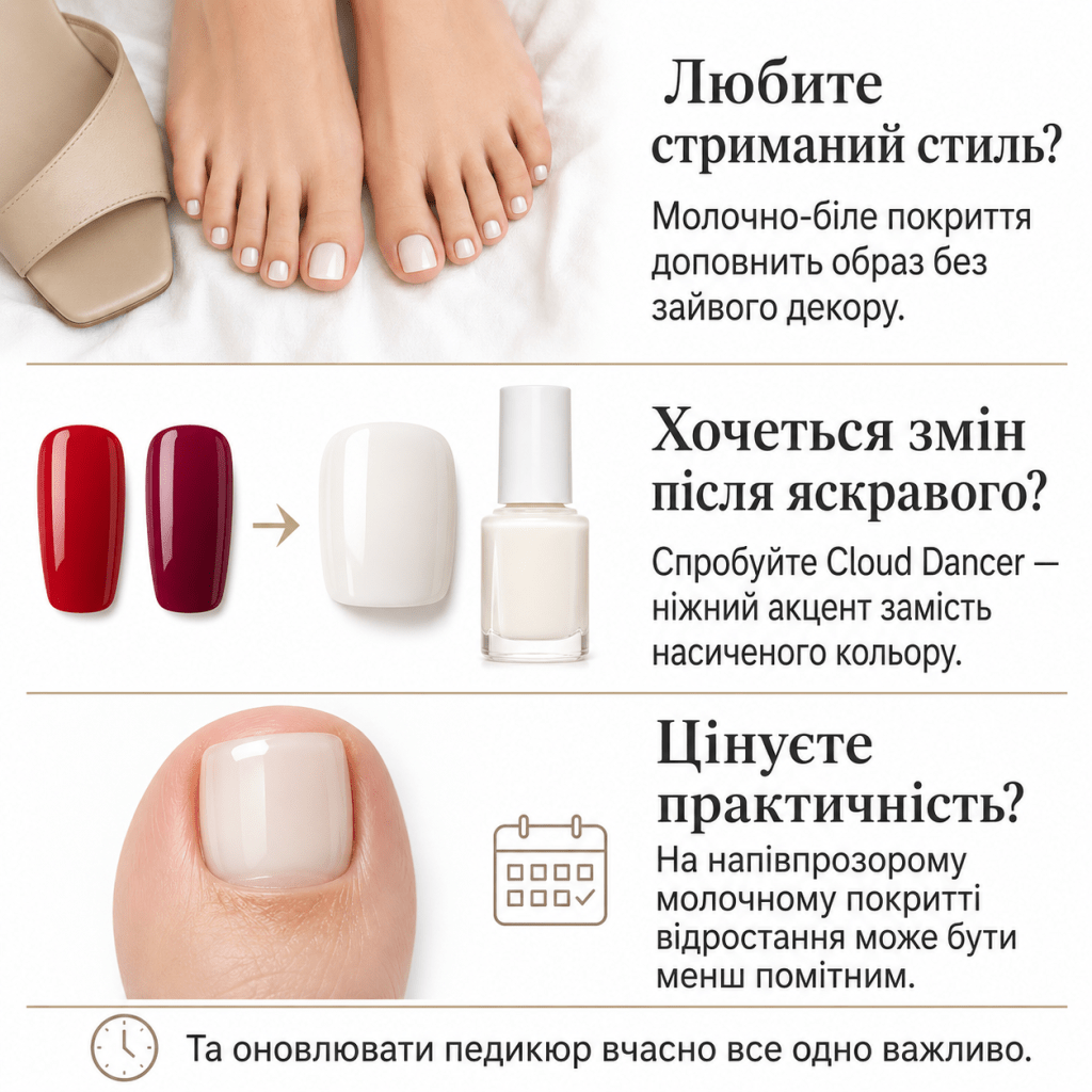 Інфографіка про молочно-білий педикюр Cloud Dancer для прихильниць стриманого стилю, зміни яскравих кольорів і менш помітного відростання покриття.