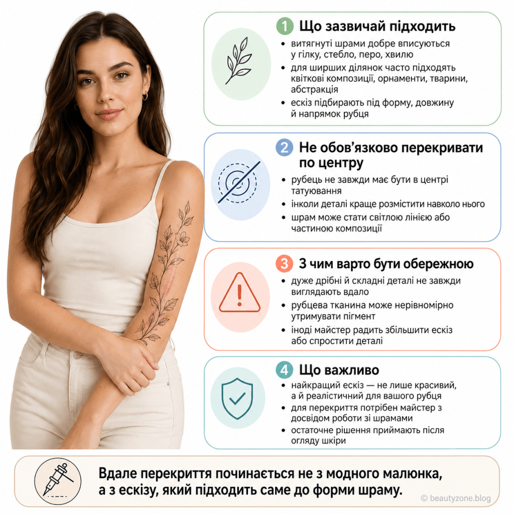 Інфографіка про те, які ескізи підходять для перекриття шраму татуюванням: вдалі варіанти для різних форм рубця, чому не обов’язково розміщувати шрам у центрі композиції, з чим варто бути обережною та що важливо врахувати перед вибором ескізу.