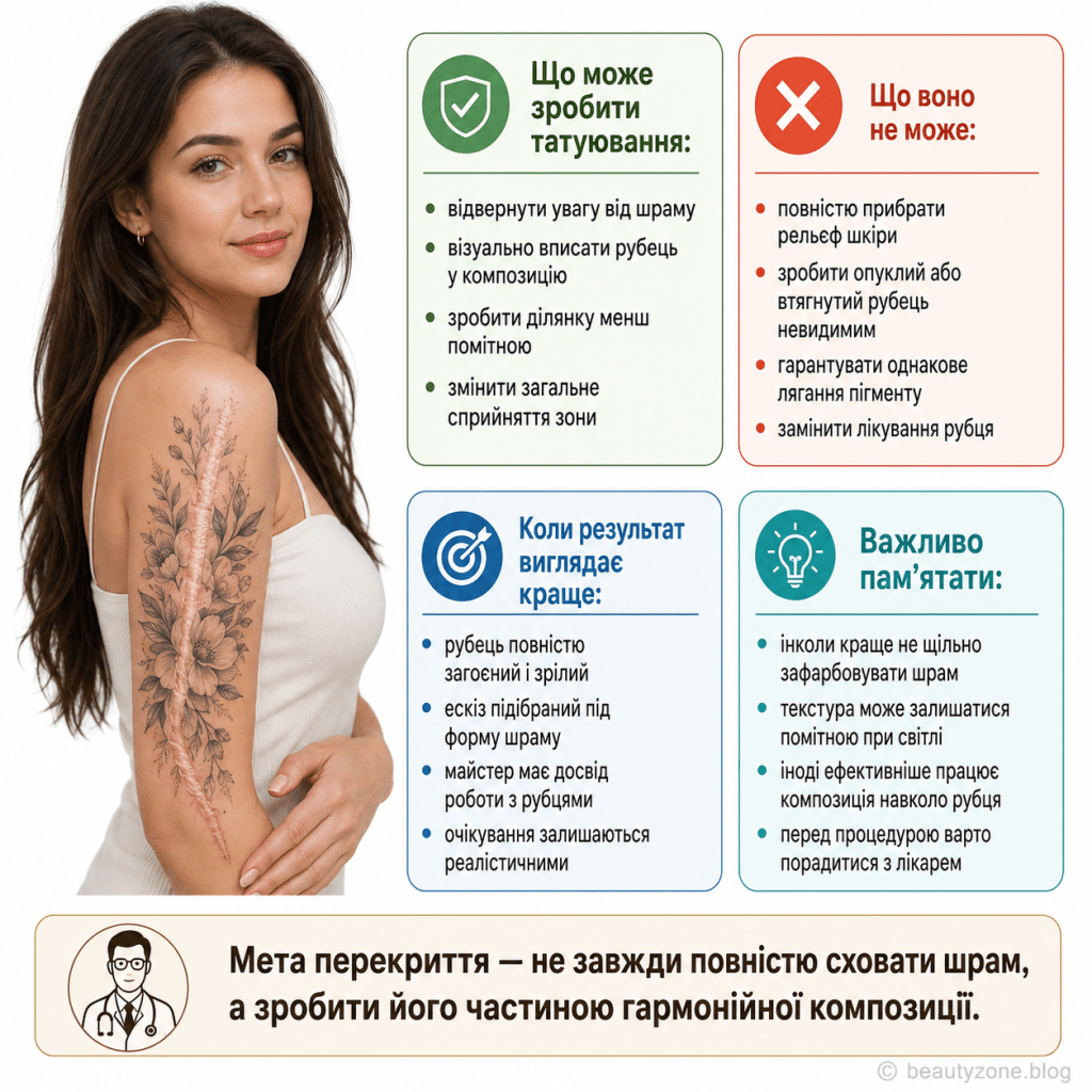 Інфографіка про те, чи можна повністю приховати шрам татуюванням: що перекриття може і не може зробити, коли результат виглядає краще та чому важливо мати реалістичні очікування.