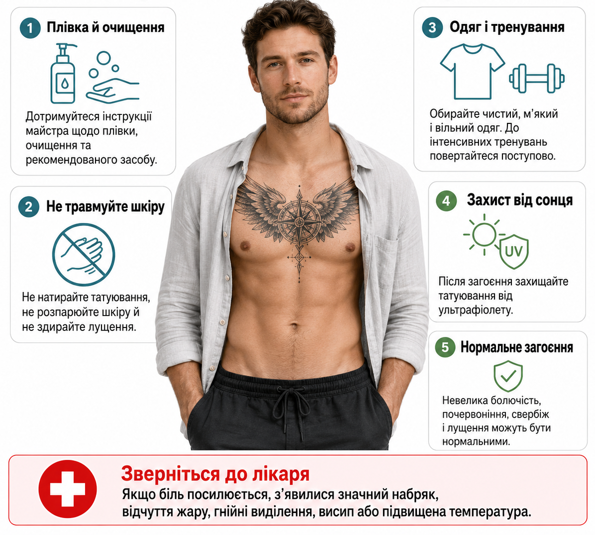 Інфографіка про догляд за татуюванням на грудях: очищення, вільний одяг, захист від сонця та ознаки ускладнень.