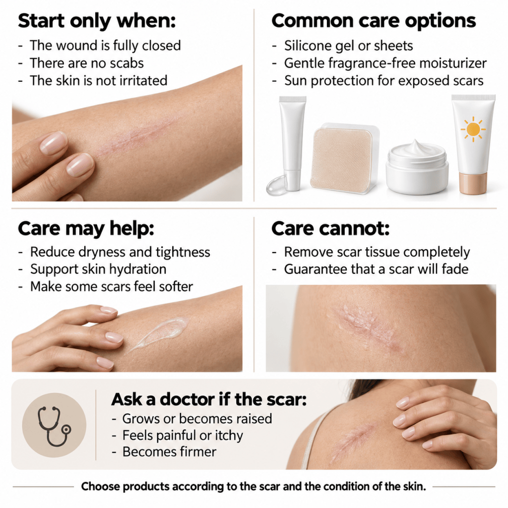 Infographic explaining when scar care can begin, common care options, possible benefits and limitations, and signs that require medical advice.