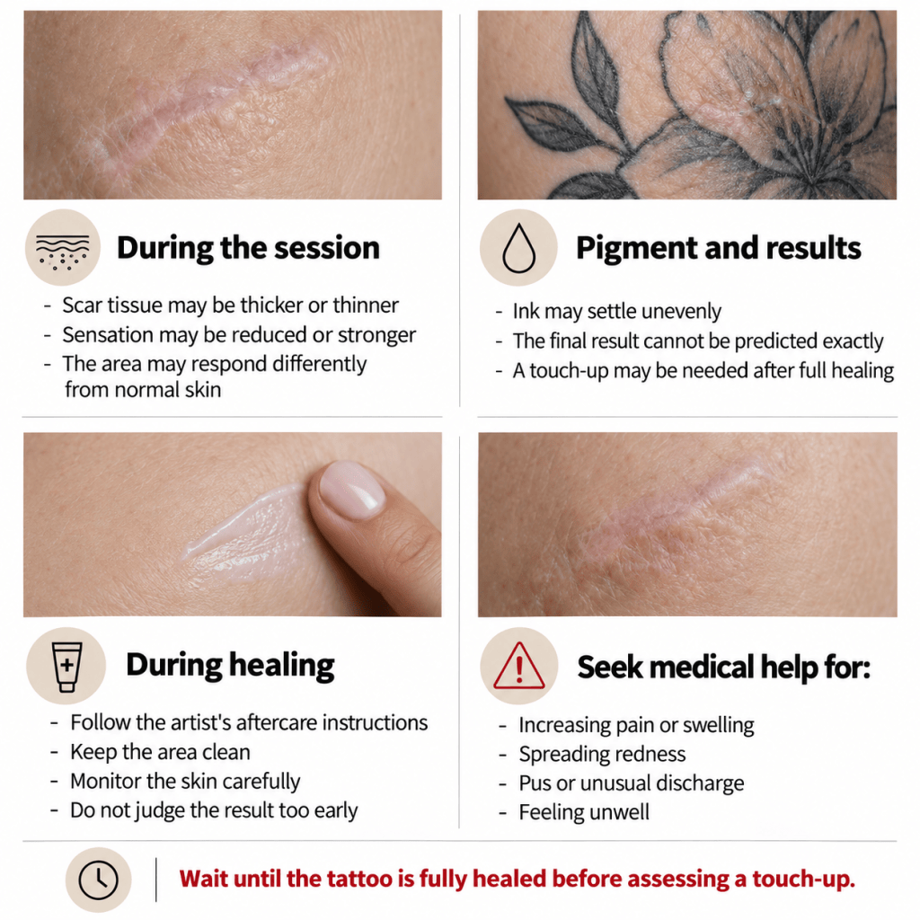 Infographic explaining tattooing over scar tissue, possible pigment changes, healing care, touch-up timing, and warning signs that require medical attention.