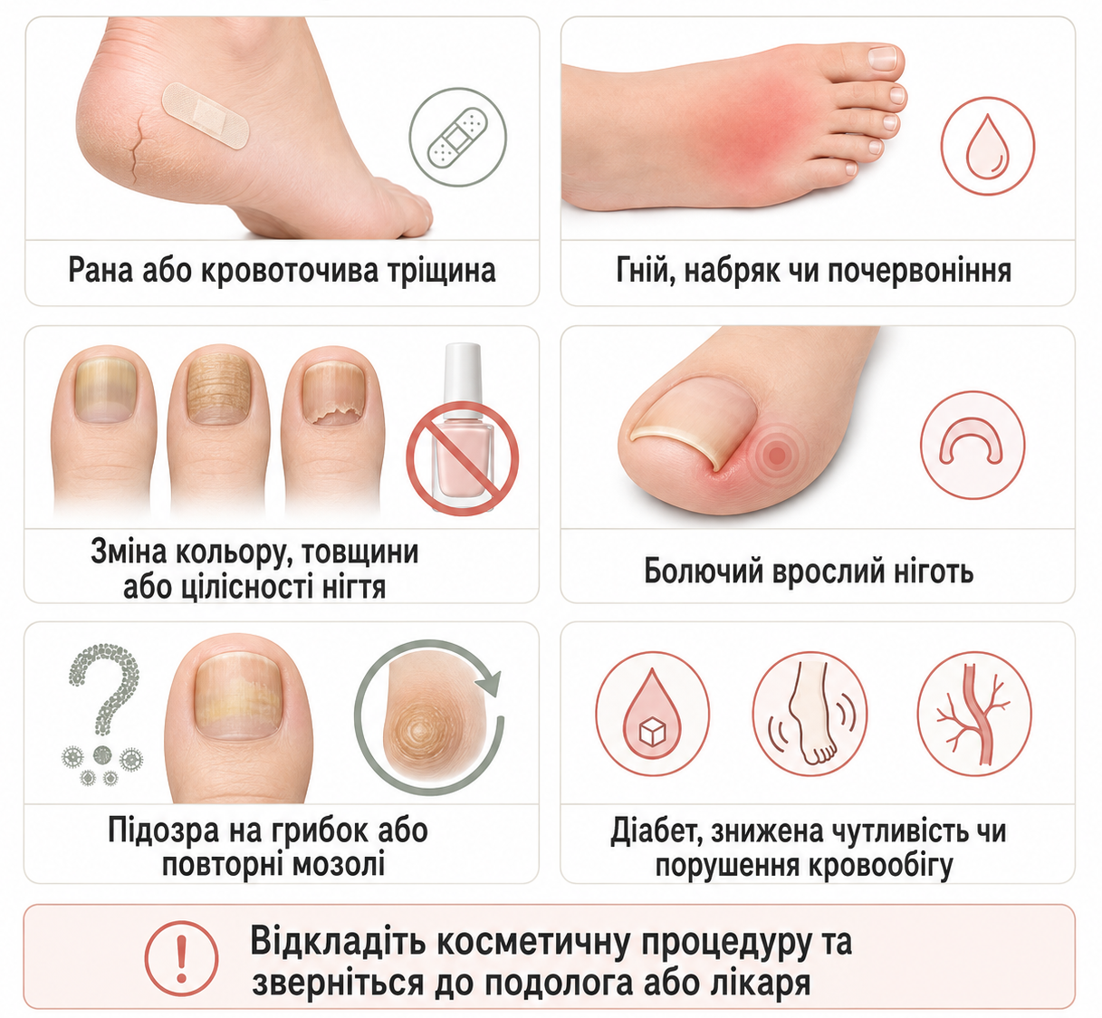 Коли потрібен не косметичний догляд: рани, тріщини, запалення, зміни нігтів, вростання та стани підвищеного ризику.