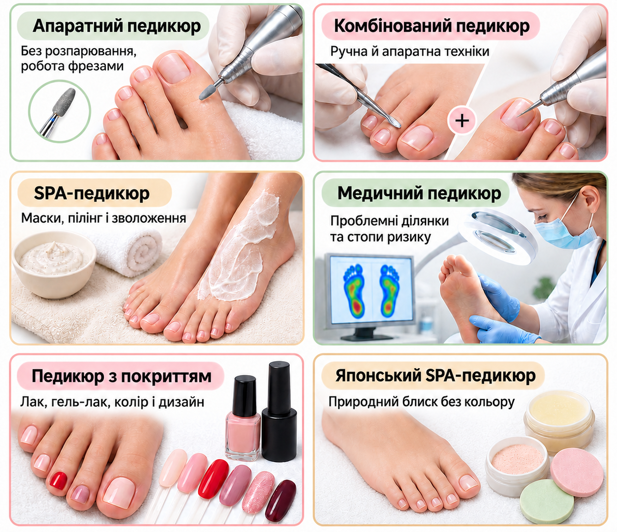 Види педикюру: апаратний, комбінований, SPA, медичний, з покриттям і японський SPA-педикюр.