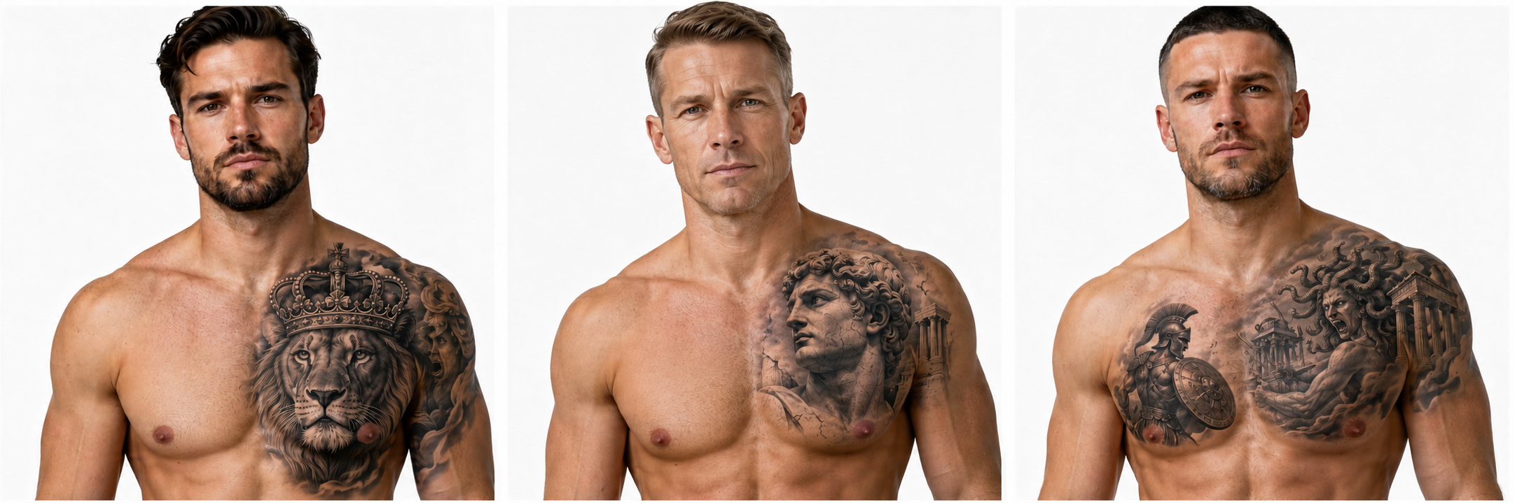 Тату на грудях для чоловіків у стилі реалізм — лев із короною, антична статуя та міфологічний сюжет.