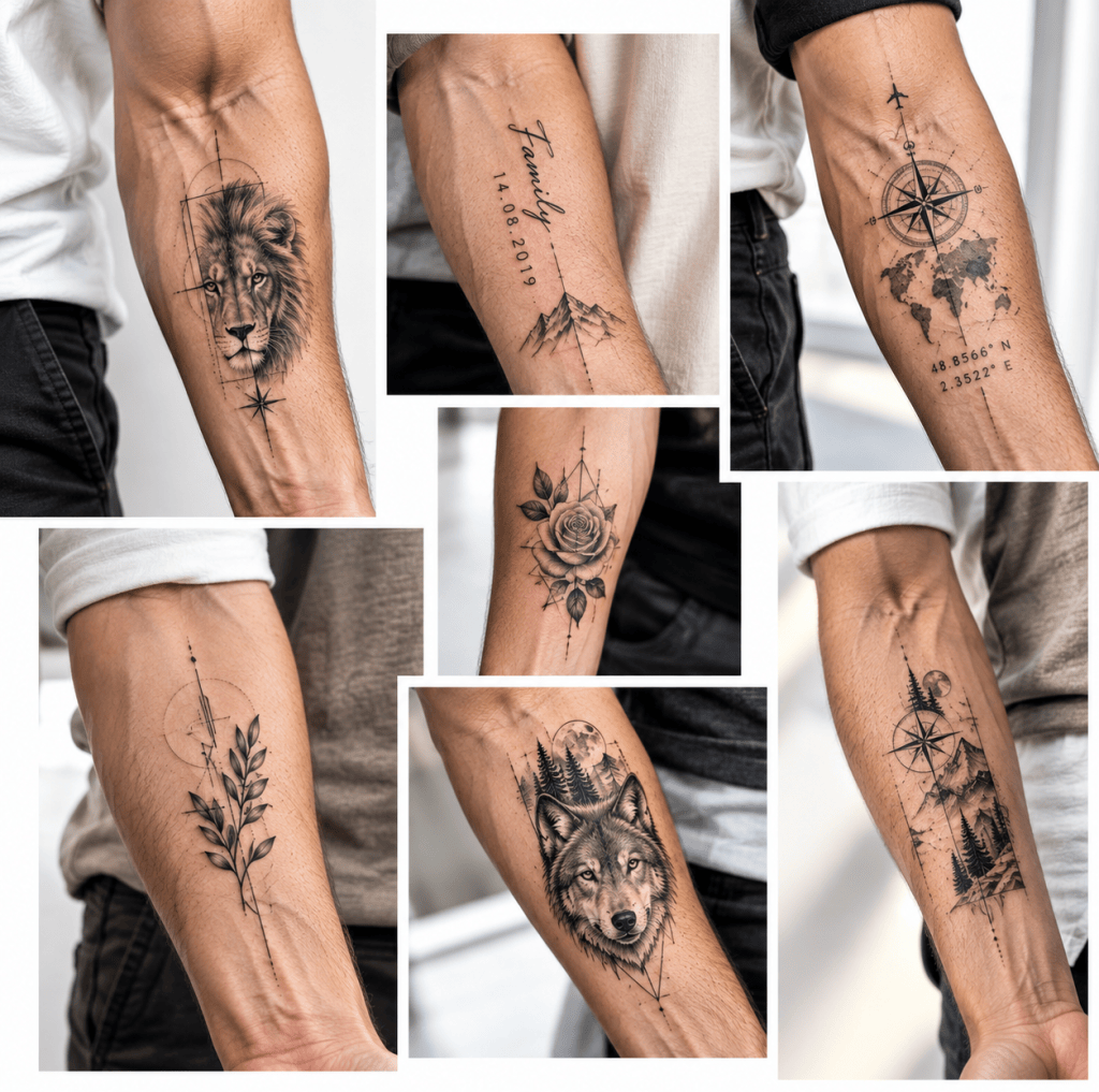 Collage of men’s inner forearm tattoos featuring lettering, dates, coordinates, fine-line details, geometric elements, and minimalist designs.