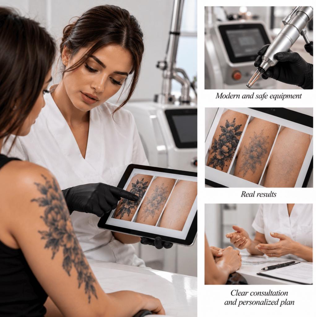 Tattoo removal specialist consultation showing professional laser equipment, real fading results, and a personalized treatment plan.