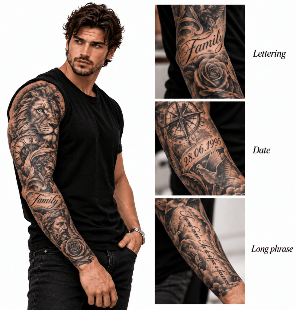 Men’s tattoo sleeve with lettering, a date, a long phrase, a lion, clock, compass, and rose in a black-and-grey composition.