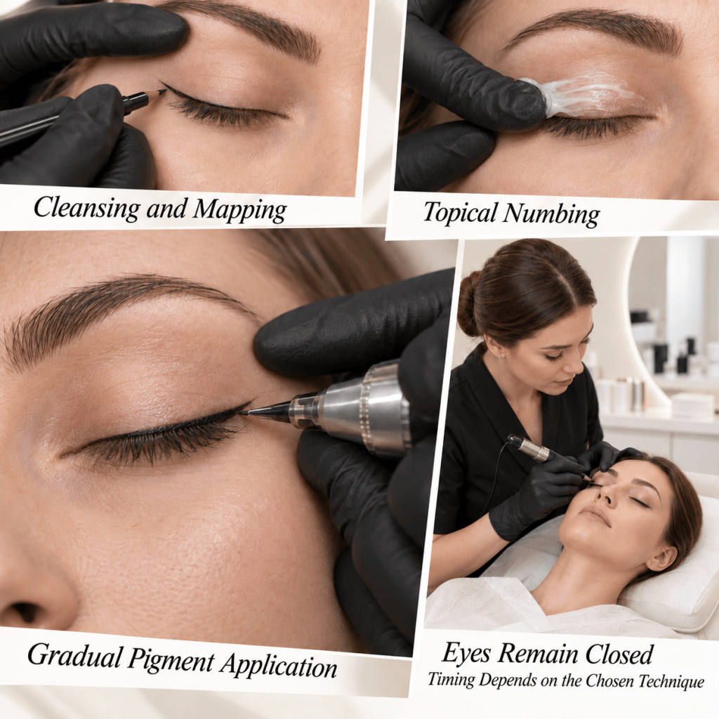 Infographic showing the permanent eye makeup procedure: cleansing and mapping, topical numbing, gradual pigment application, and treatment with the eyes closed.
