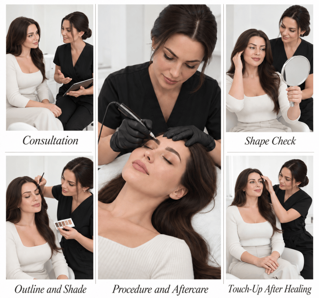 Stages of a permanent makeup procedure: consultation, outline and shade selection, shape check, eyebrow pigmentation, aftercare, and a touch-up after healing.