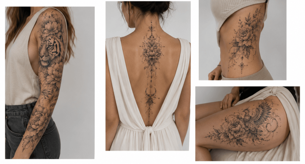 Collage of four large tattoos for women featuring flowers, ornamental patterns, animals, symbols, and decorative lines on the back, arm, thigh, and ribs.