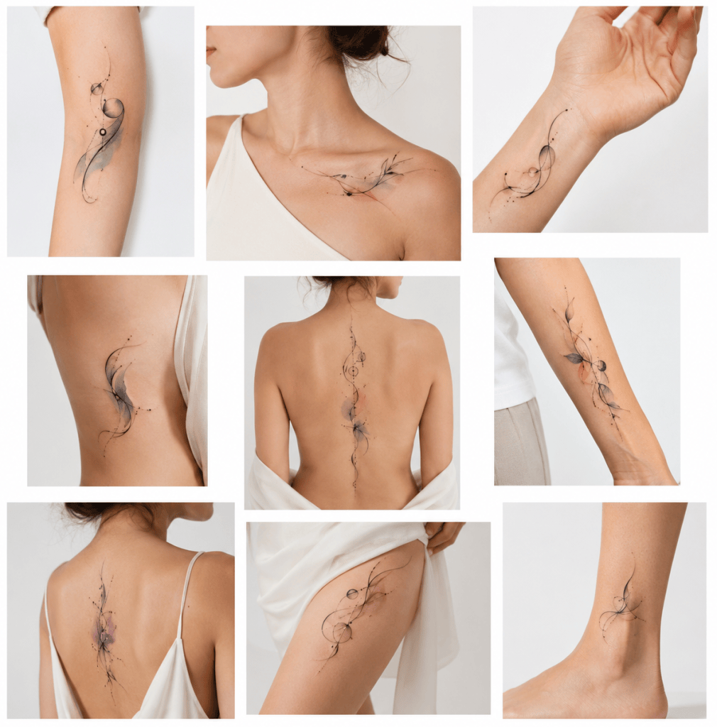 Collage of nine colorful abstract tattoos with flowing lines and watercolor accents on the wrist, collarbone, ribs, forearm, ankle, and spine.