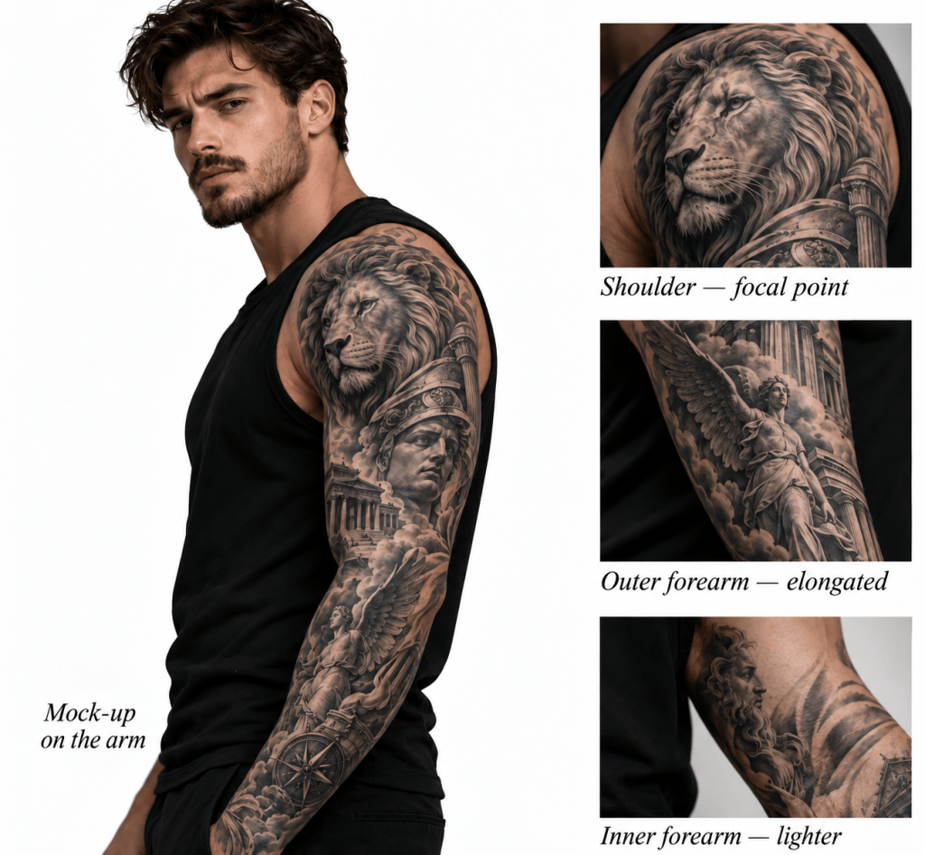 Men’s tattoo sleeve showing main element placement on the shoulder, outer forearm, inner forearm, and a full-arm mock-up.