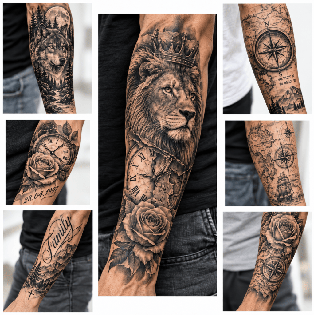 Men’s forearm tattoos featuring a lion, wolf, clock, compass, map, rose, date, and lettering.
