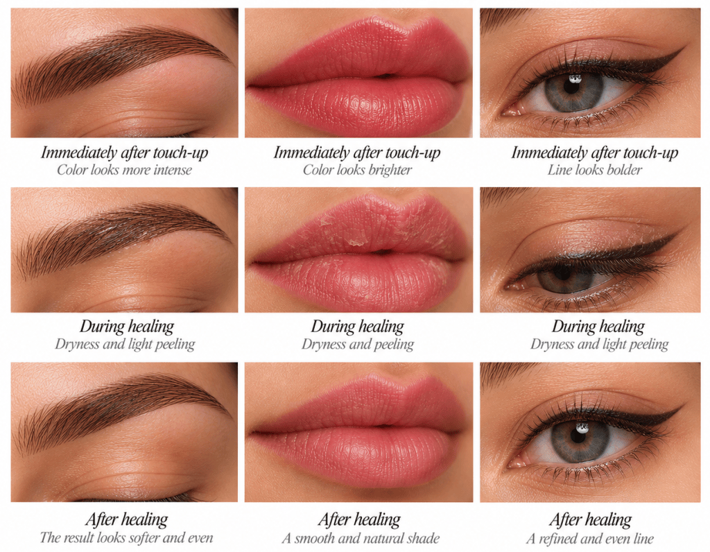 Permanent makeup touch-up healing stages for brows, lips, and eyeliner, from fresh color to peeling and the final healed result.