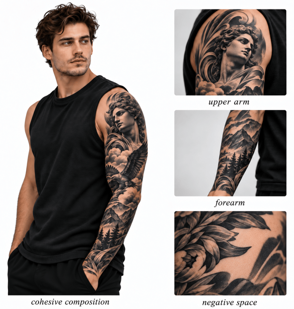 Men’s black and gray tattoo sleeve with a cohesive composition, detailed upper arm and forearm design, and negative space.