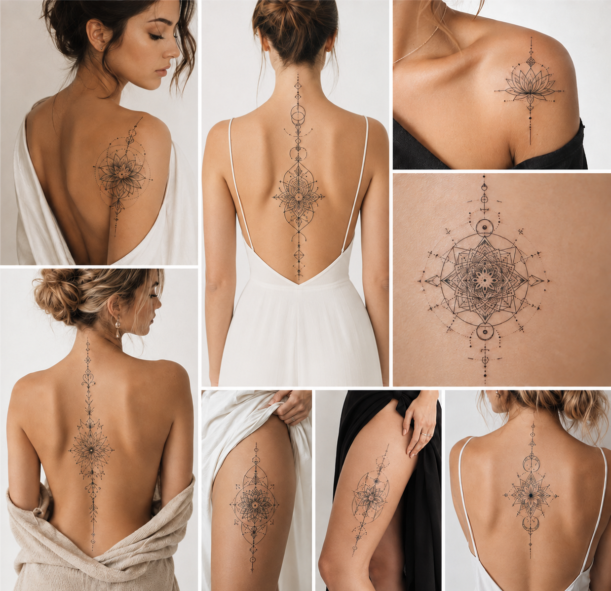 Collage of black and gray geometric and ornamental tattoos for women, placed on the shoulder, spine, and thigh.