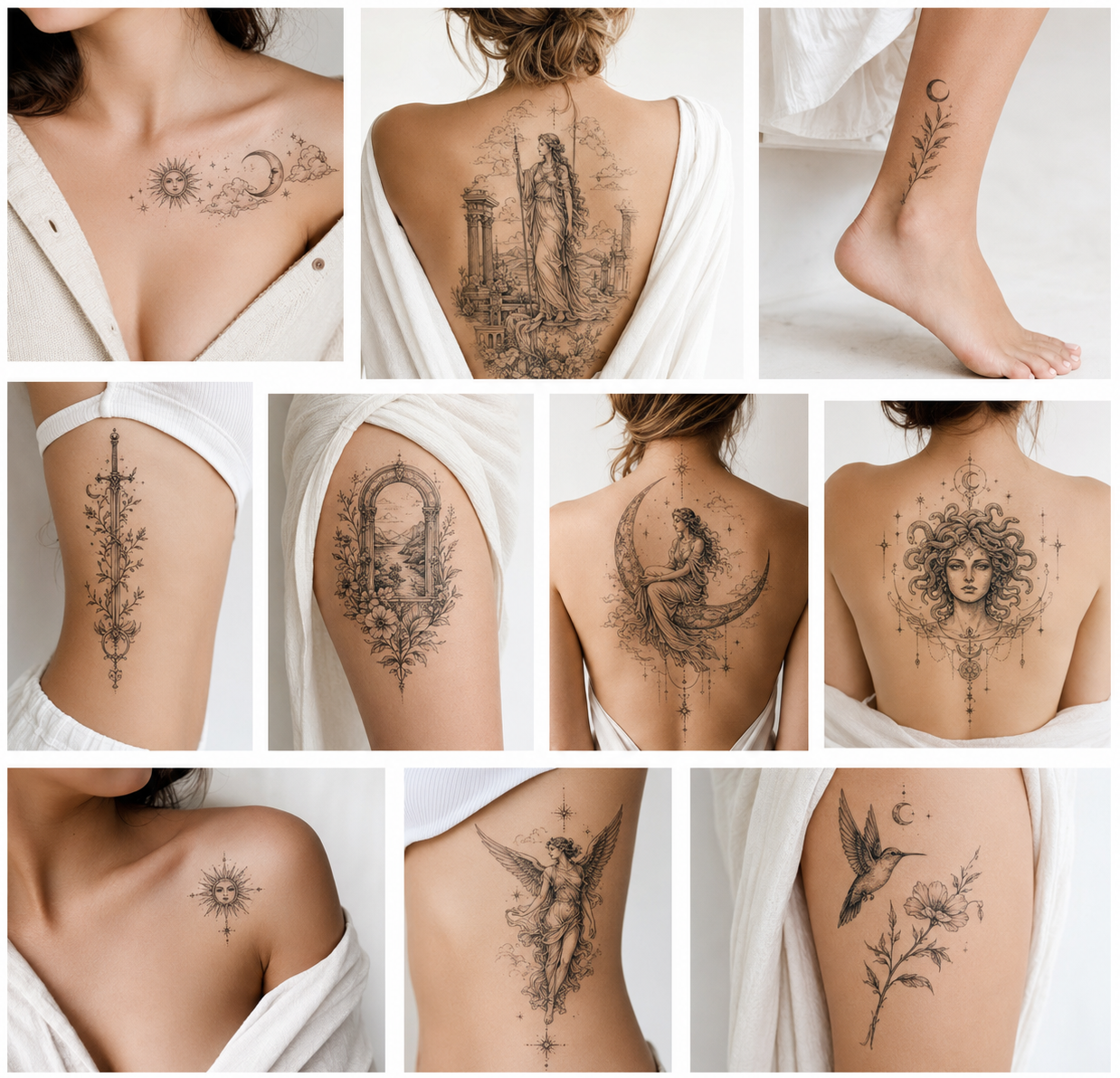 Collage of ten graphic tattoos for women featuring mythological figures, architecture, plants, animals, the sun, and the moon on the collarbone, ankle, back, thigh, and ribs.
