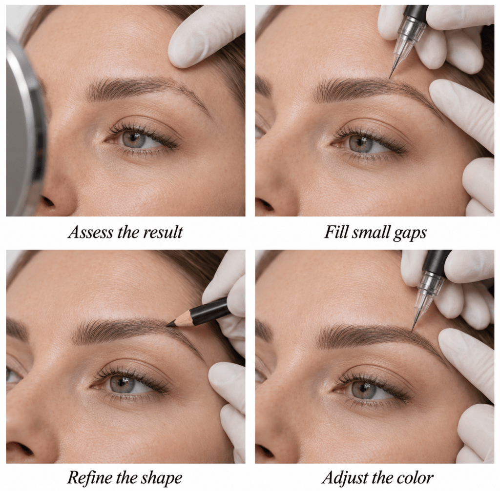 Permanent eyebrow makeup touch-up showing result assessment, filling small gaps, refining the shape, and adjusting the color.