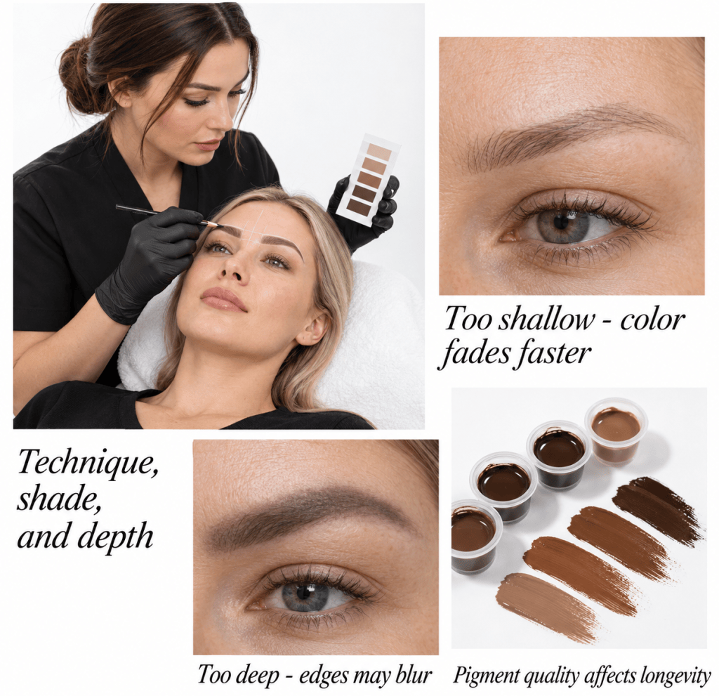 Permanent makeup collage showing how technique, pigment depth, and pigment quality affect eyebrow results.