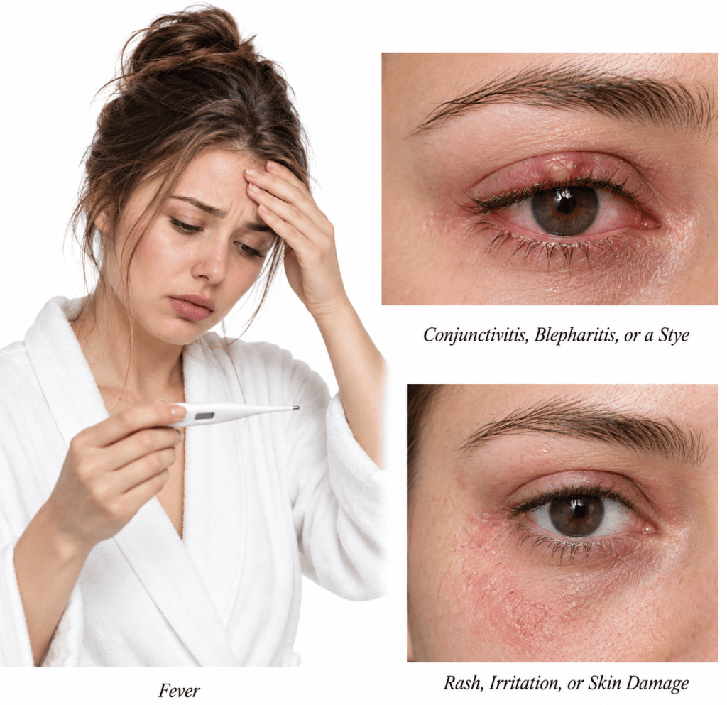Infographic showing when to postpone permanent eye makeup: fever, conjunctivitis, blepharitis, a stye, rash, irritation, or damaged skin around the eyes.