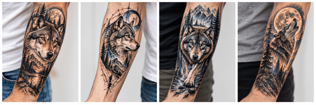 Men’s forearm tattoos with wolf designs, including forest, mountains, and moon elements.