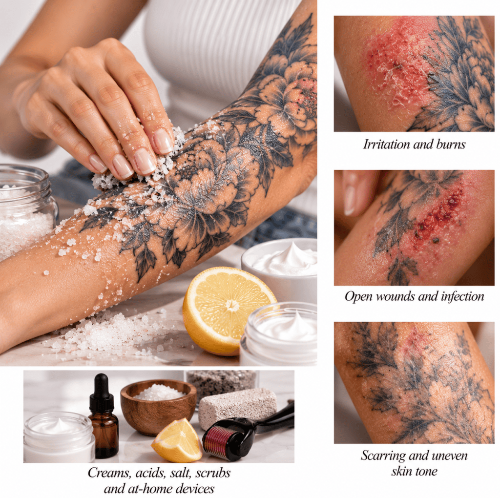 Tattoo removal infographic showing the risks of DIY methods, including irritation, burns, open wounds, infection, scarring, and uneven skin tone.