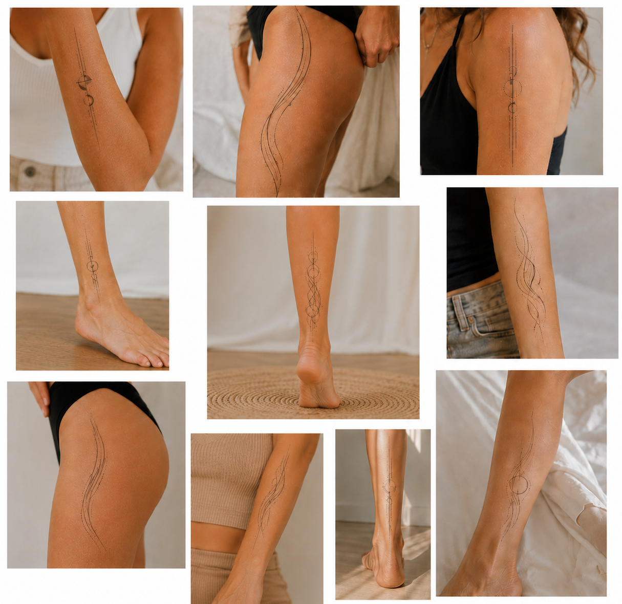 Collage of ten geometric tattoos for women featuring fine curved lines, parallel bands, circles, and dots on the arm, thigh, lower leg, and ankle.