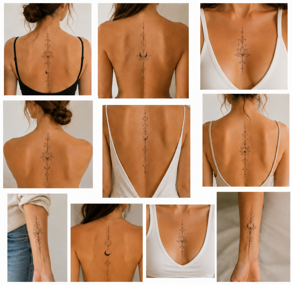 Collage of ten symmetrical geometric tattoos for women featuring flowers, the moon, the sun, and geometric elements along the spine, between the shoulder blades, in the center of the chest, and on the forearm.