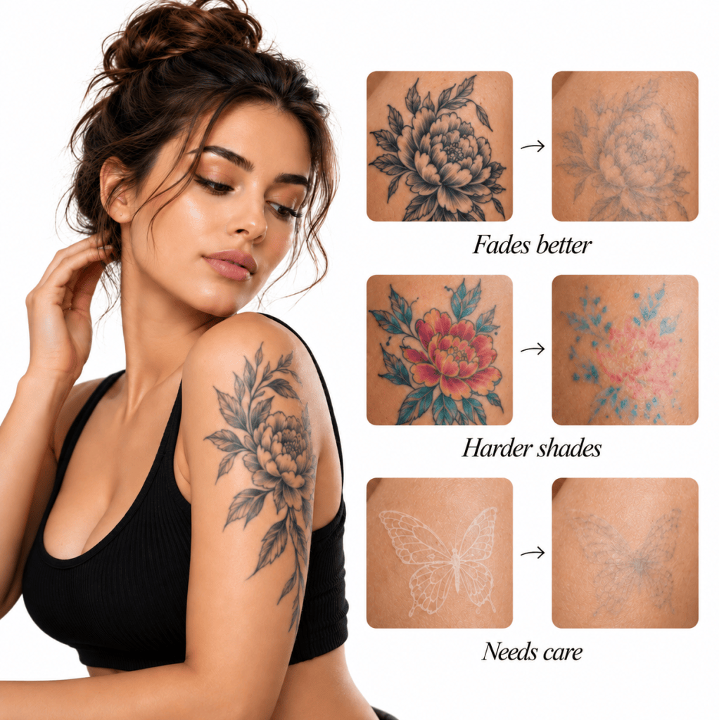 Tattoo removal infographic showing black, colorful, and white tattoos fading differently after laser treatment.