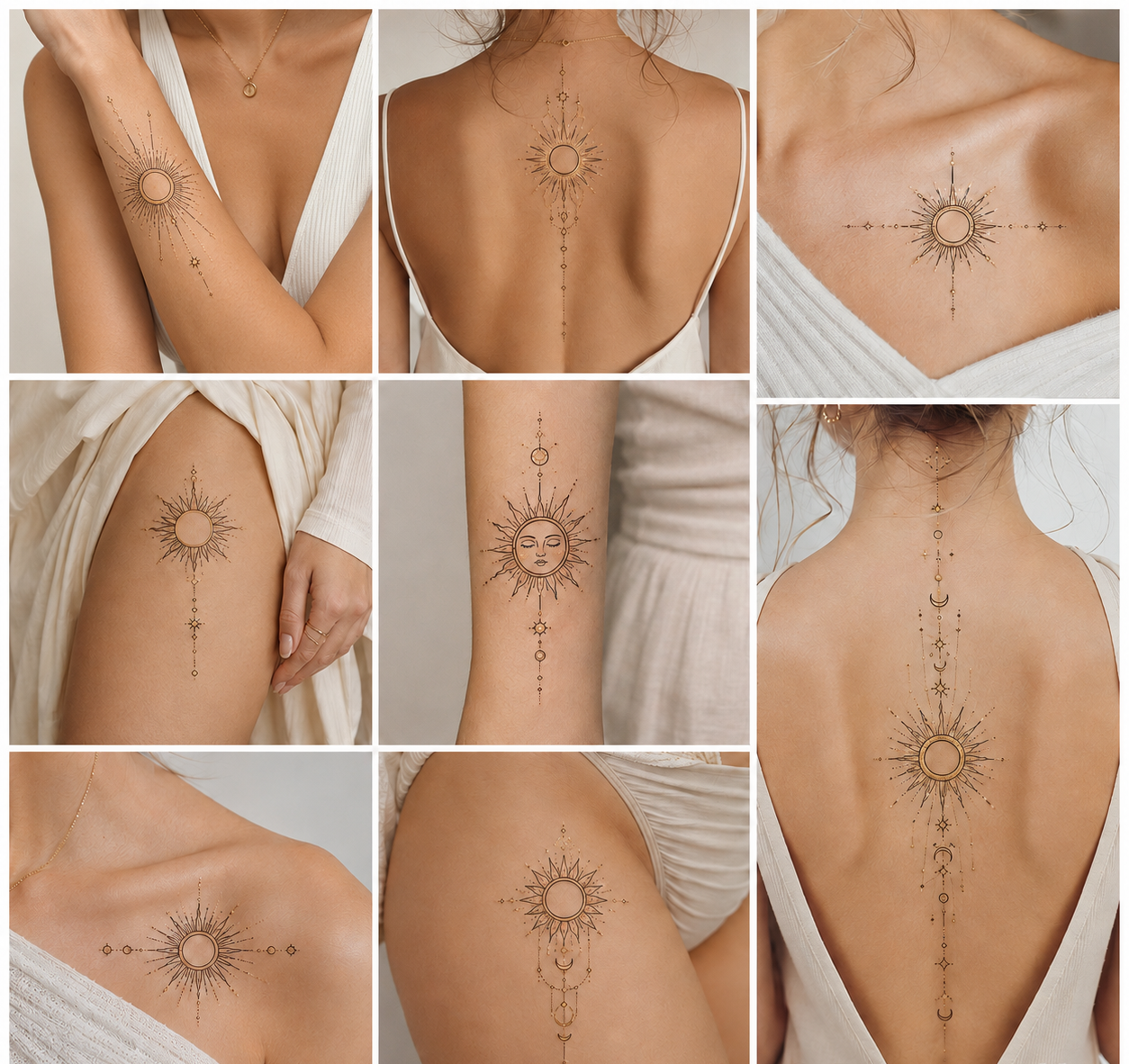 Collage of eight protection tattoos for women featuring sun symbols on the forearm, along the spine, below the collarbone, and on the thigh.